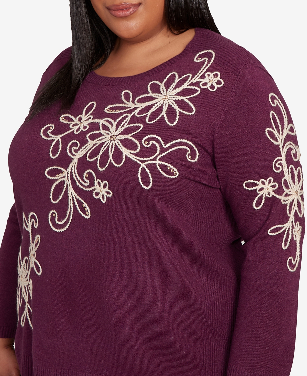 Alfred Dunner Plus Size Urban Legend Diagonal Floral Embroidered Sweater In Purple