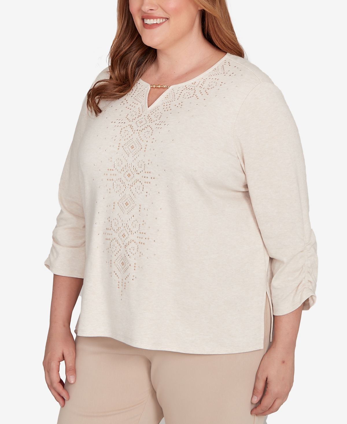 Alfred Dunner Plus Size Urban Legend Center Embellished V-neck Top In Neutral