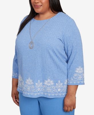 Plus Size As Usual Medallion Bordered Periwinkle Pull On Top with Necklace