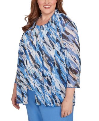 Plus Size Textured Mesh Printed Two in One Top with Necklace