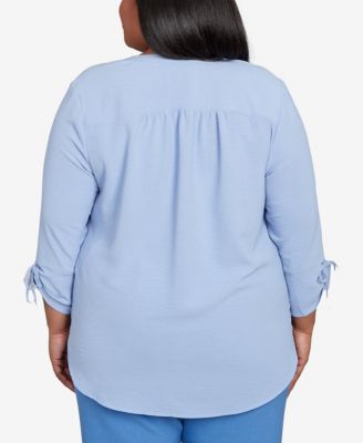 Plus Size As Usual Tie Sleeve Crinkle Textured Henley Top