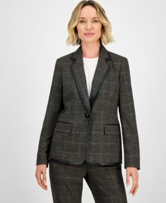 Kasper - Plaid One-Button Faux-Leather Jacket, Regular & Petites