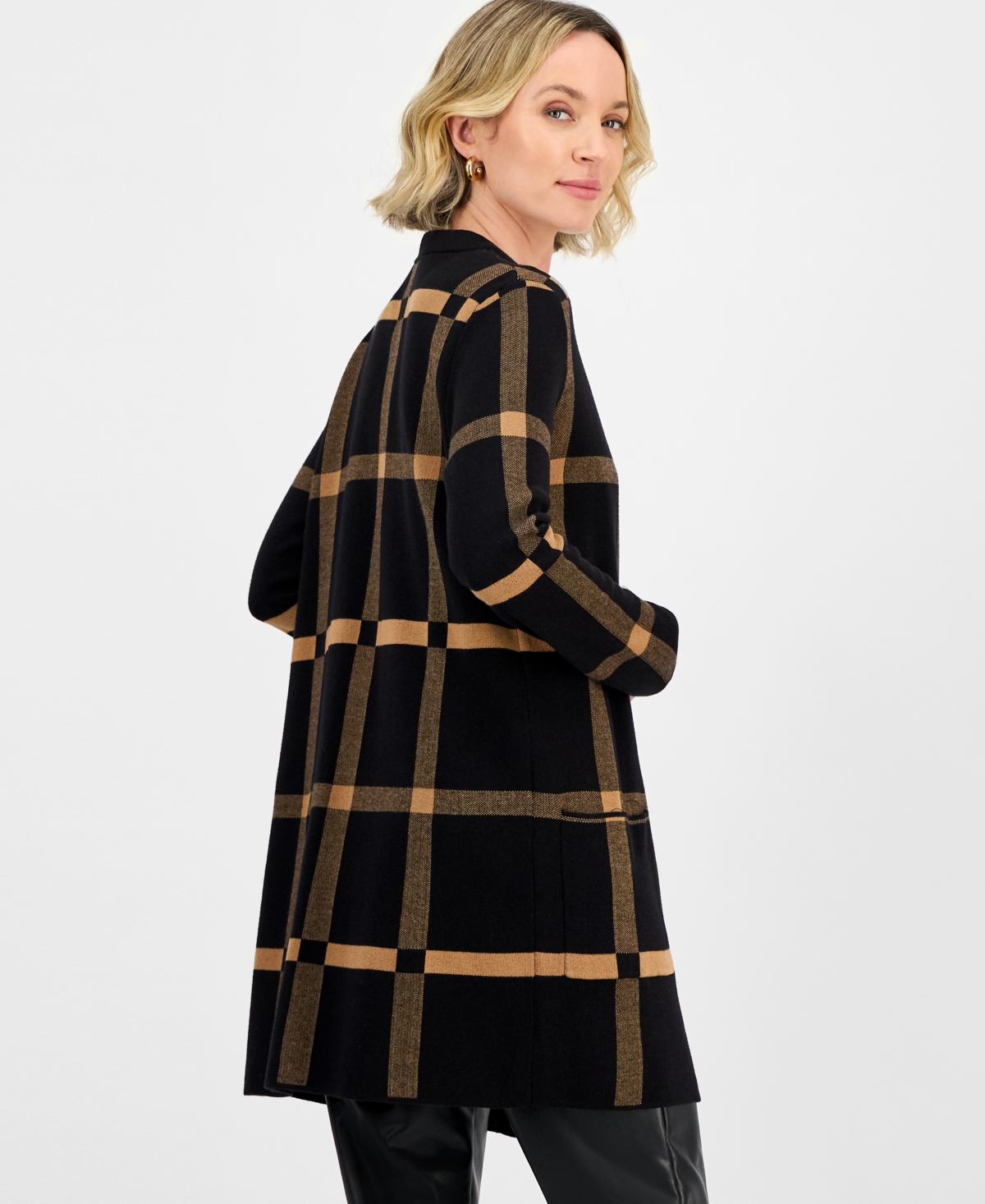 Kasper Women's Windowpane Open-front Cardigan In Black