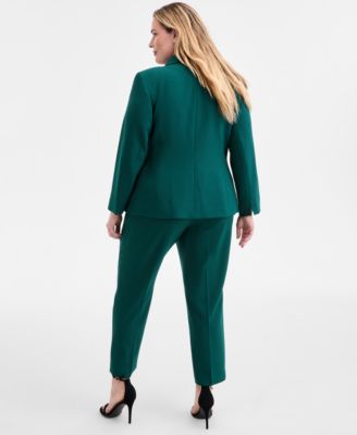 Plus Size One-Button Blazer, Printed Cowlneck Blouse & Pull-On Pants