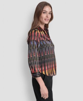 Women's Printed Satin Long Sleeve V-Neck Blouse