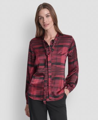 Women's Printed Satin with Covered Placket and Tie Neck Blouse