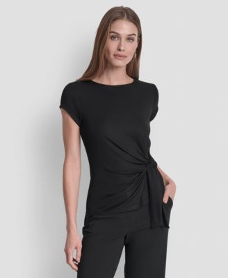 Women's Short Sleeve Rib Knit Waist Tie Detail Top