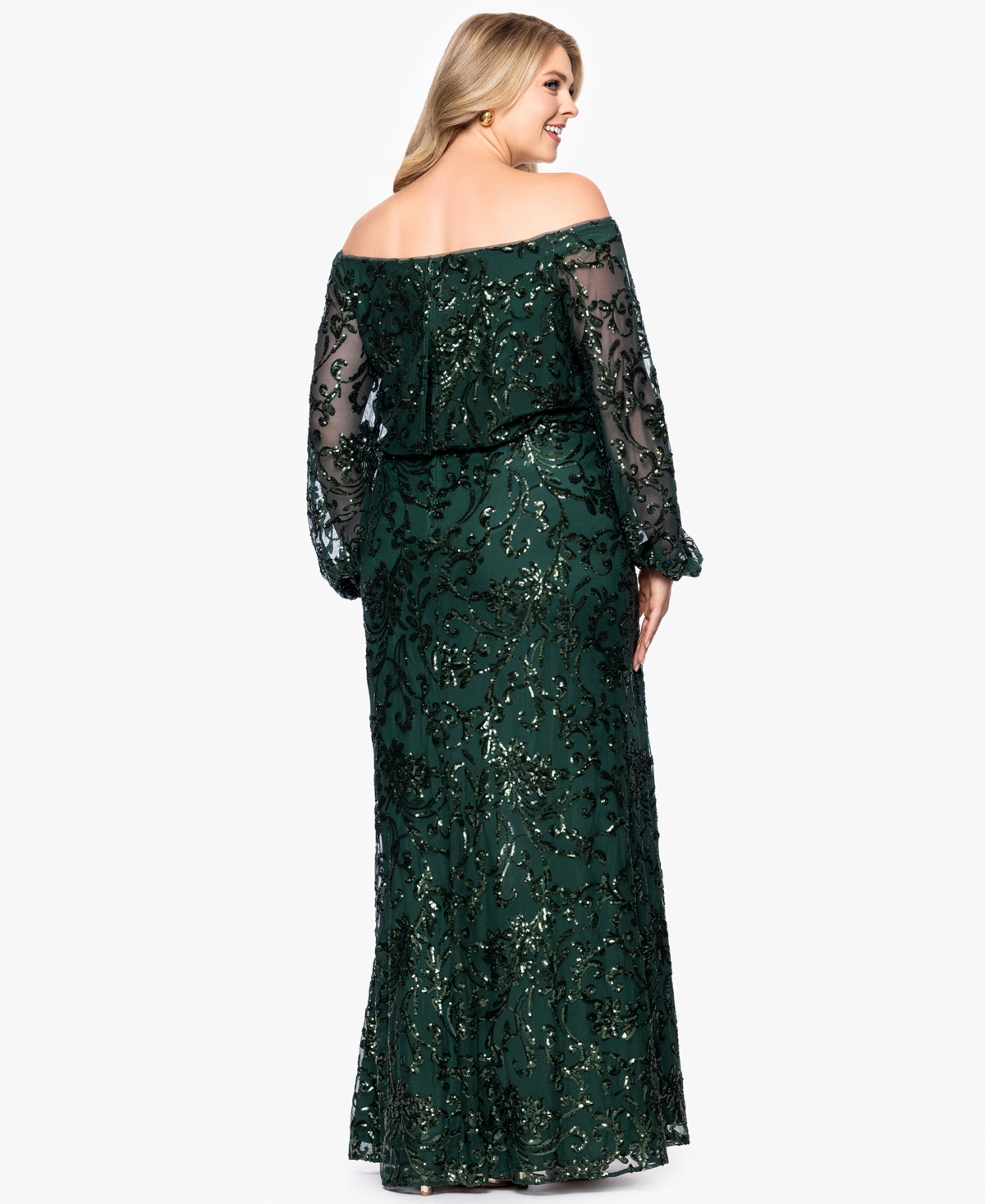 Xscape Plus Size Sequin Off-the-shoulder Side-slit Gown In Green