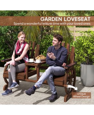 Wooden Garden Bench with Table, 2-Seat Outdoor Bench