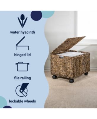 Ashton 18.11" Classic Farmhouse Hand-Woven Hyacinth Rolling Filing Basket with Lid and 360 Degree Lockable Wheels