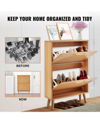 Shoe Cabinet with 2 Flip Drawers and Rattan Doors, Freestanding Entryway Organizer