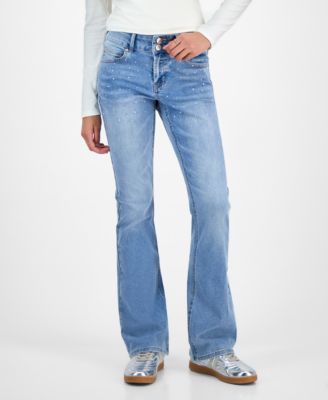 Juniors' Rhinestone Embellished Mid Rise Bootcut Jeans
