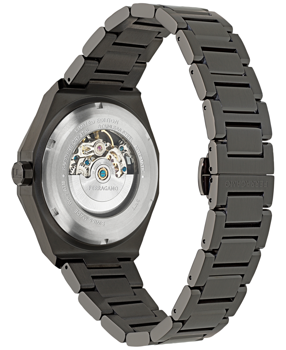 Ferragamo Men's Swiss Automatic Edge Skeleton Gunmetal Ion Plated Bracelet Watch 42mm