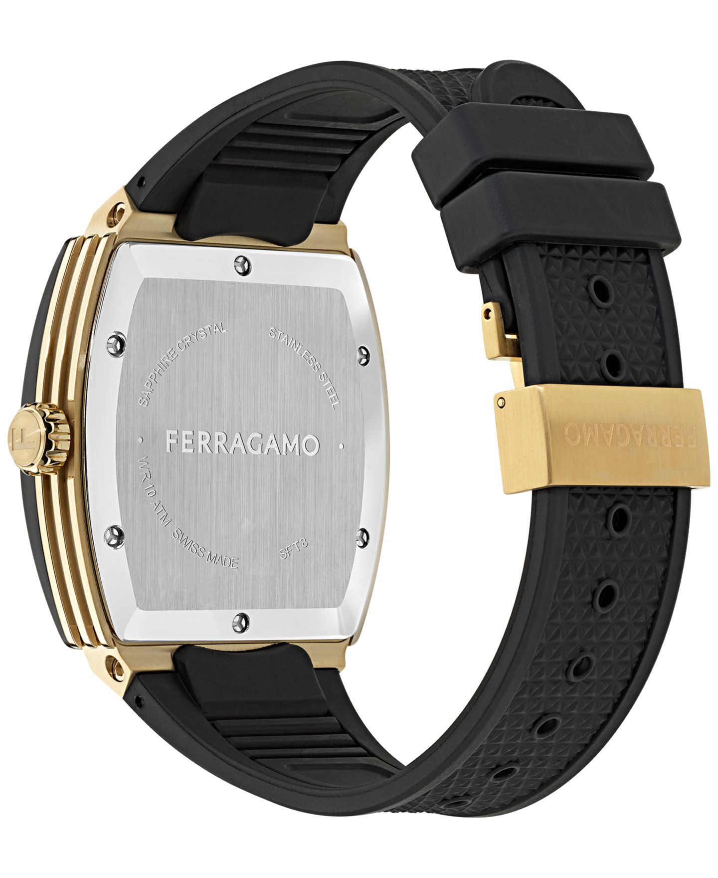 Мужские часы Ferragamo Swiss F-80 Tonneau Black Polyurethane Strap Watch 42mm — фото 3