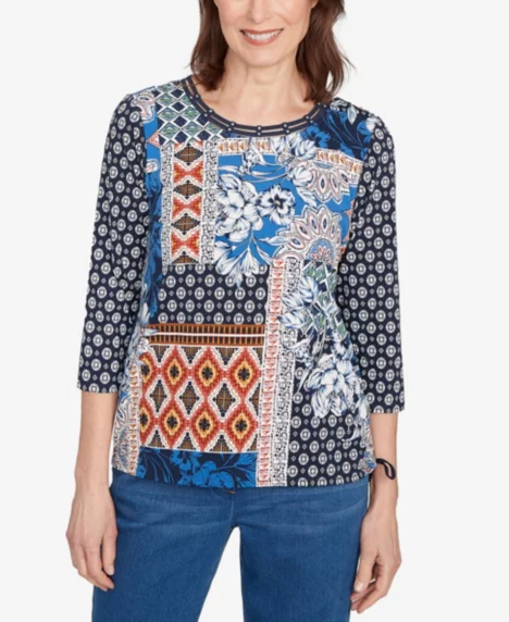 Petite Batik Patchwork Drawstring Closure Top - Denim
