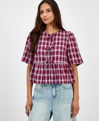 Women's Plaid Tie-Front Peplum Top