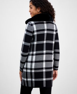 Women's Plaid Faux-Fur-Collar Coatigan