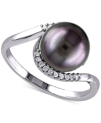 Macy's - Cultured Black Tahitian Pearl (9mm) & Diamond (1/10 ct. t.w.) Swirl Ring in Sterling Silver