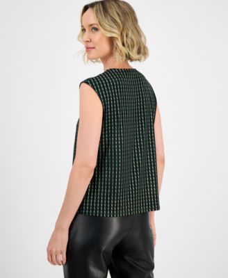 Foil Print Pleated-Neck Extended-Shoulder Top, Regular & Petites