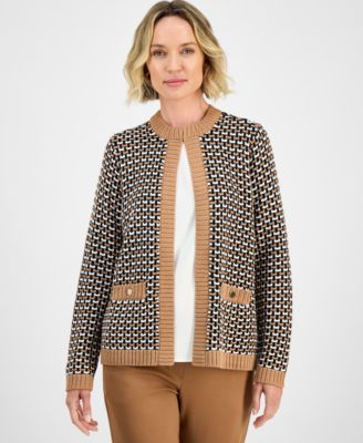 Kasper - Women's Textured Contrast-Trim Cardigan