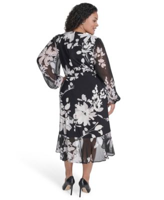 Plus Size Chiffon Long-Sleeve Midi Dress