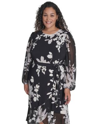 Plus Size Chiffon Long-Sleeve Midi Dress