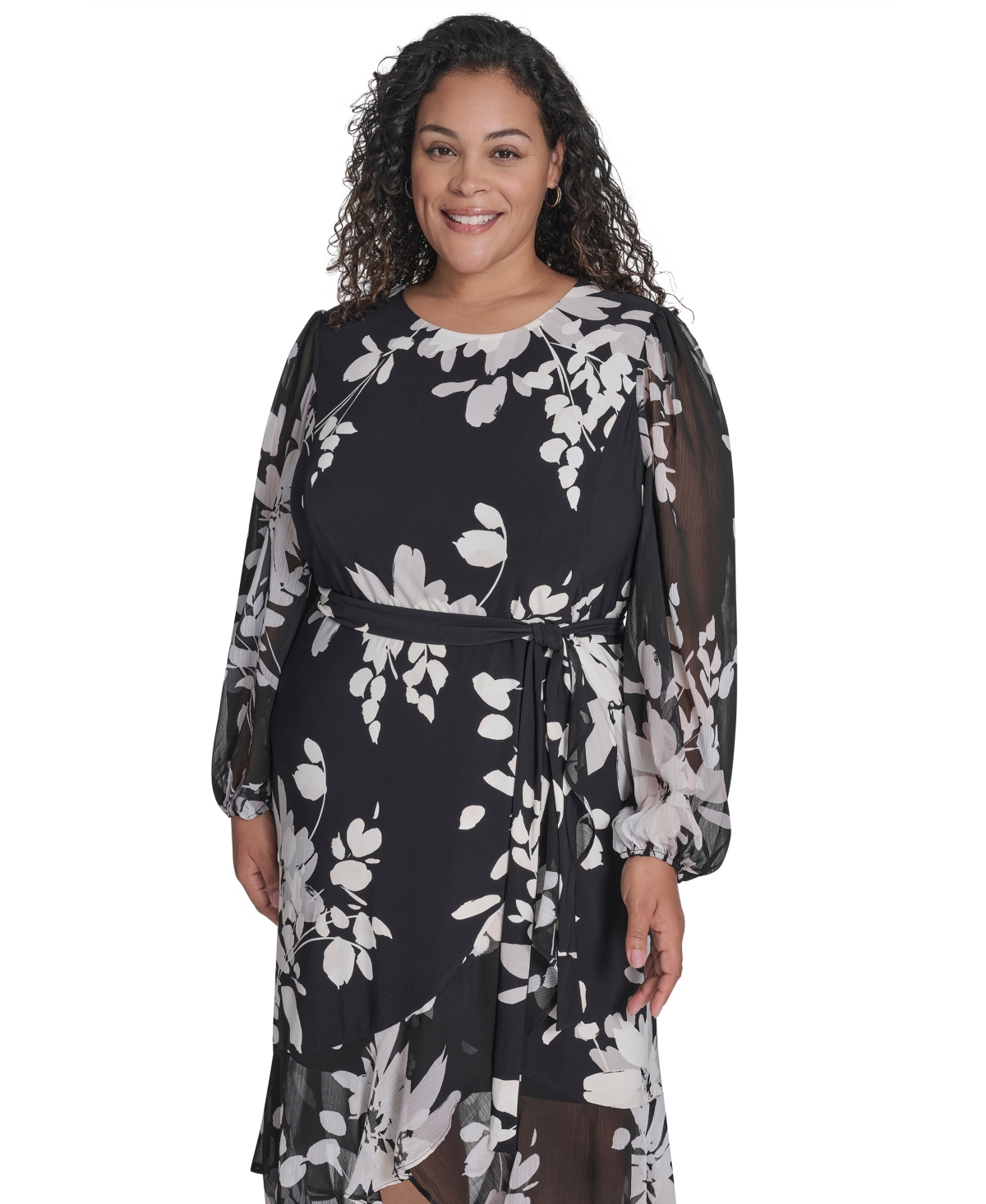 Tommy Hilfiger Plus Size Chiffon Long-sleeve Midi Dress In Multi