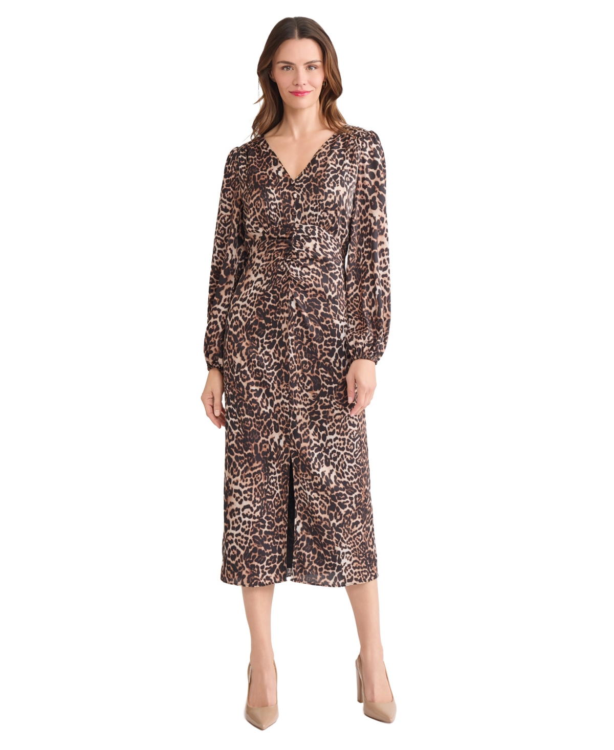 Jones New York Women's Long Sleeve Shirred Front Slit Midi Dress In Multi