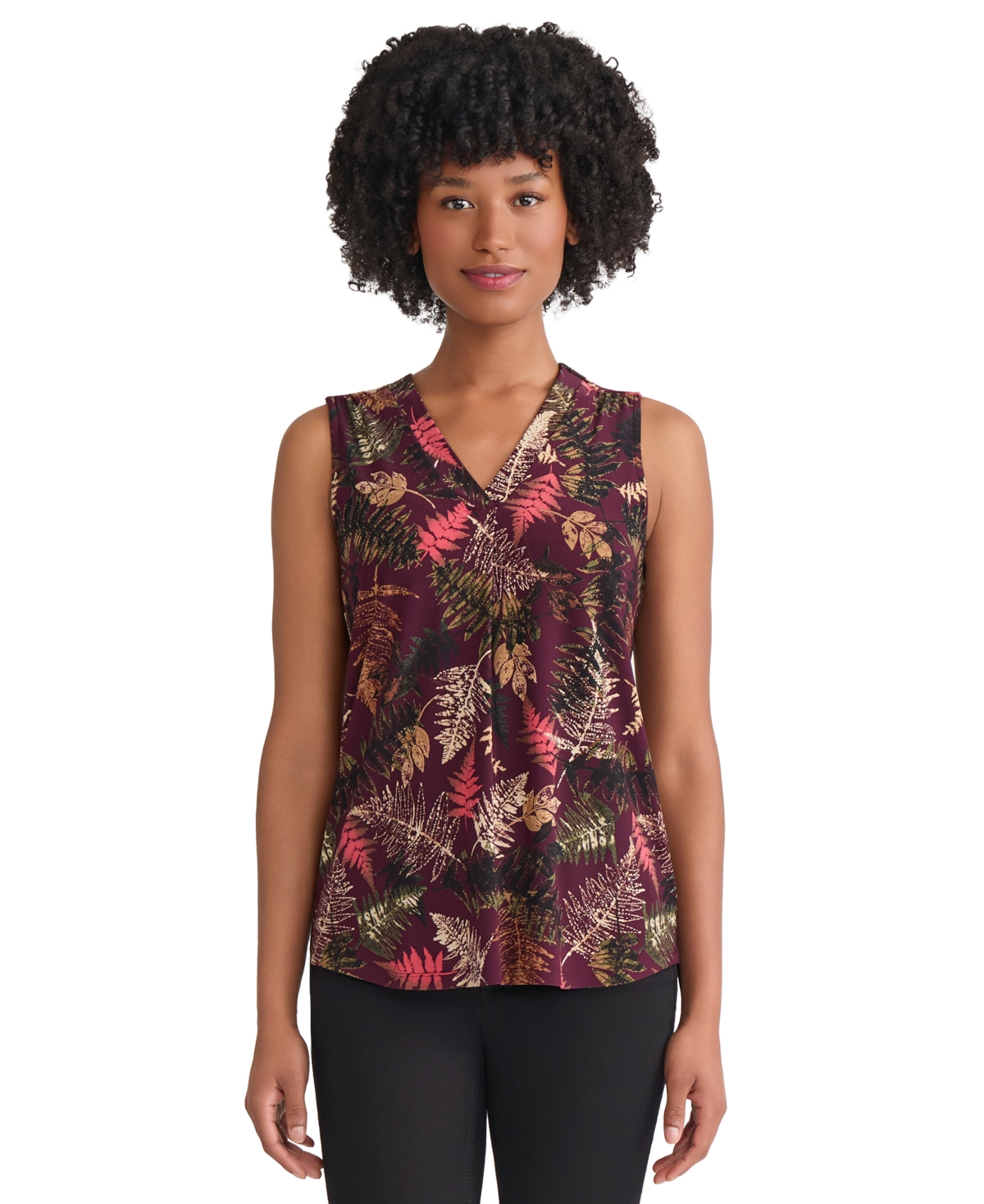 Jones New York Pleated V-neck Shell Top In Burgundy