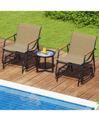 Patio Glider Chair Set of 2 with Curved Teak Armrests and Breathable Fabric Seat