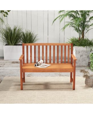 Patio Wood Bench 2-Seat Outdoor Bench w/ Cozy Armrests & Backrest