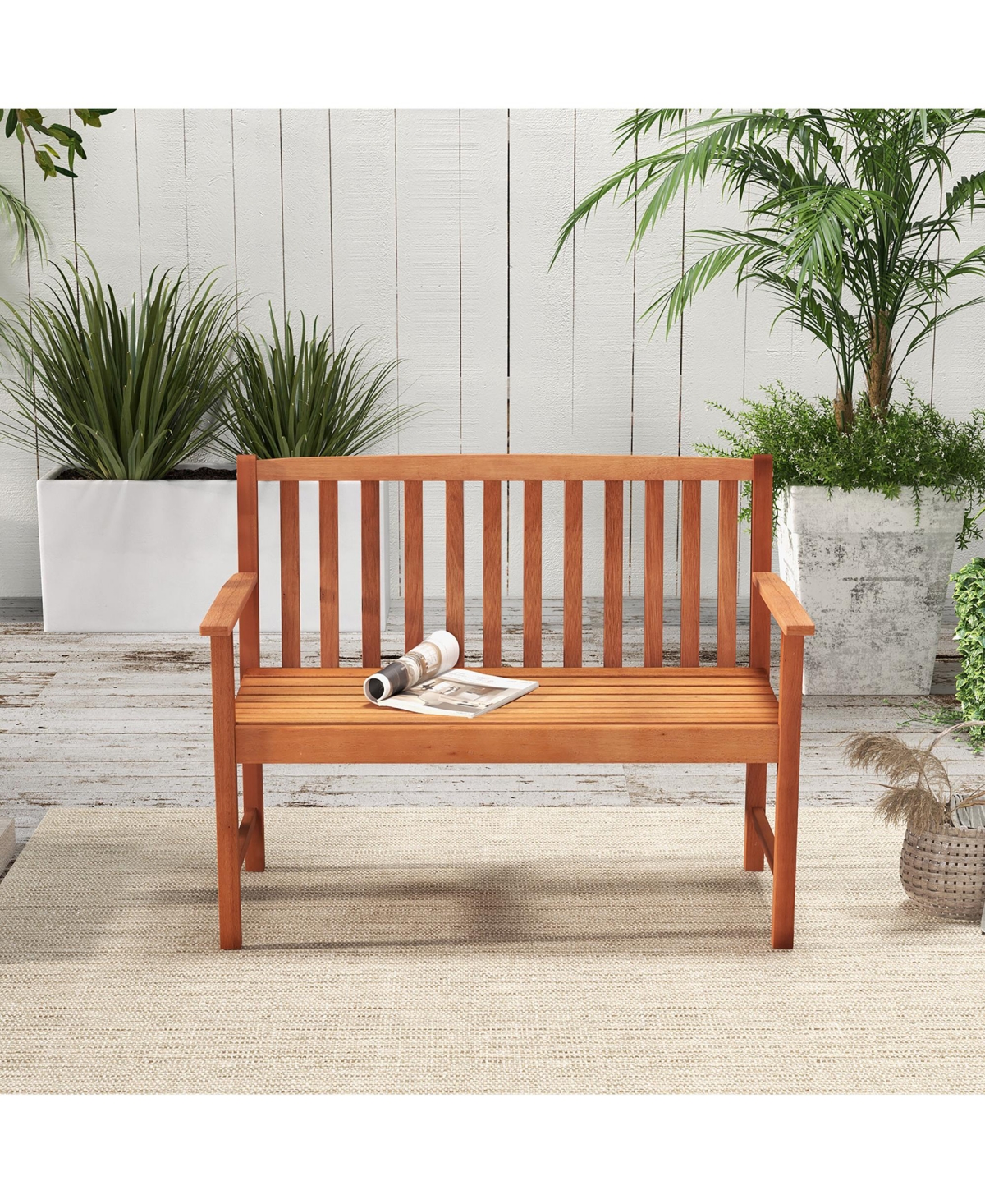 Gymax Patio Wood Bench 2-Seat Outdoor Bench w/ Cozy Armrests & Backrest