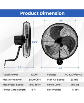  20 Inch Wall Mount Fan with 3 Fan Speeds and Adjustable Tilt Head  Air Circulation Appliance