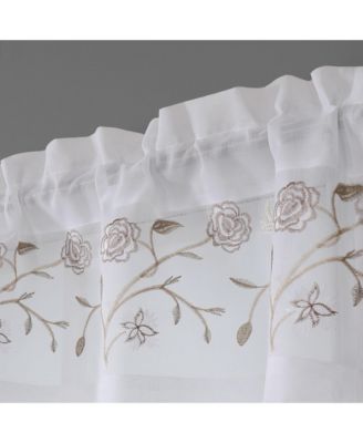 Complete 3 Piece Embroidered Shabby Floral Roses Sheer Cafe Kitchen Curtain Tier & Valance Set - Neutral/Linen