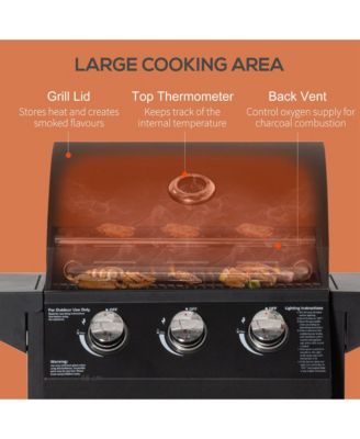 3 Burner Gas Grill w/ Wheels, Storage Shelves, Thermometer,