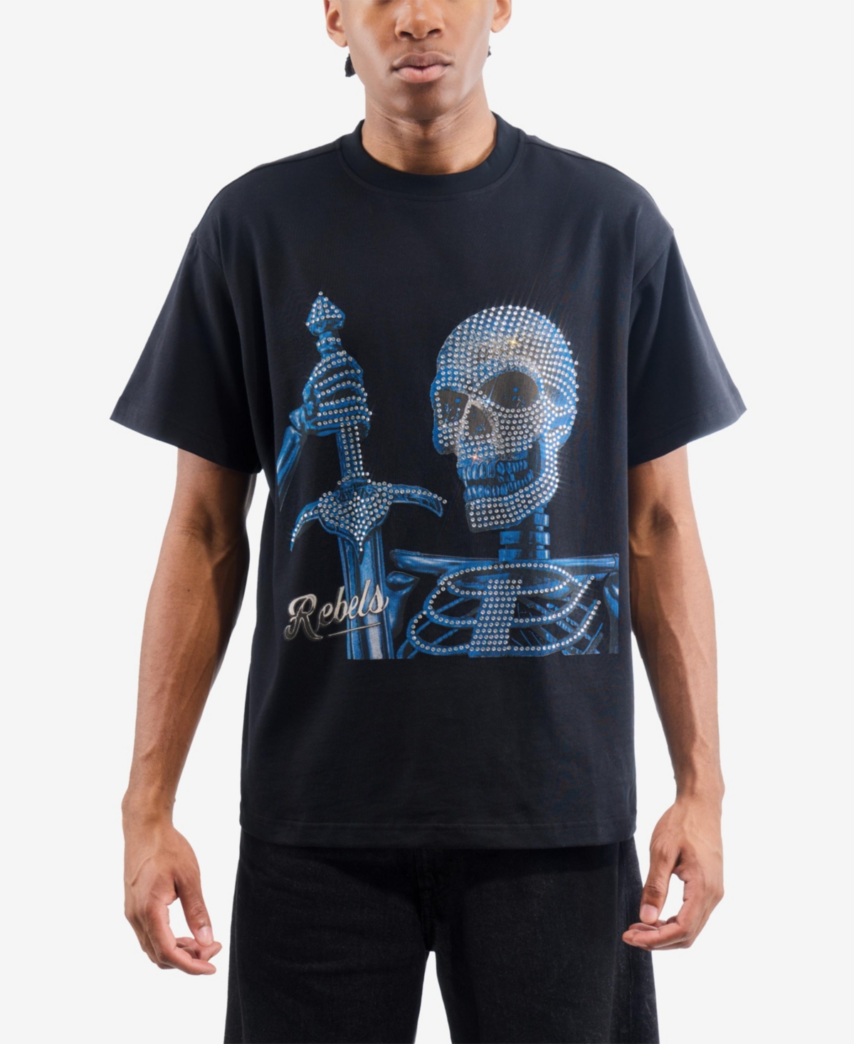 Men's Oversized Rhinestone Graphic T-Shirt - Black still king ross crown