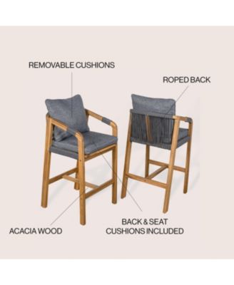 Porto 2-Pc. Acacia Wood Roped Cushioned Armrest Tub Outdoor Bar Stools