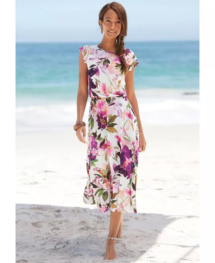 Women's Viscose Printed Flutter Sleeve A-Line Elastic-Waist Midi Dress - thumbnail 2