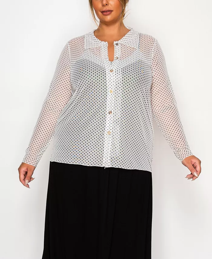 Plus Size Dot Mesh Button Front Long Sleeve Top - thumbnail 6
