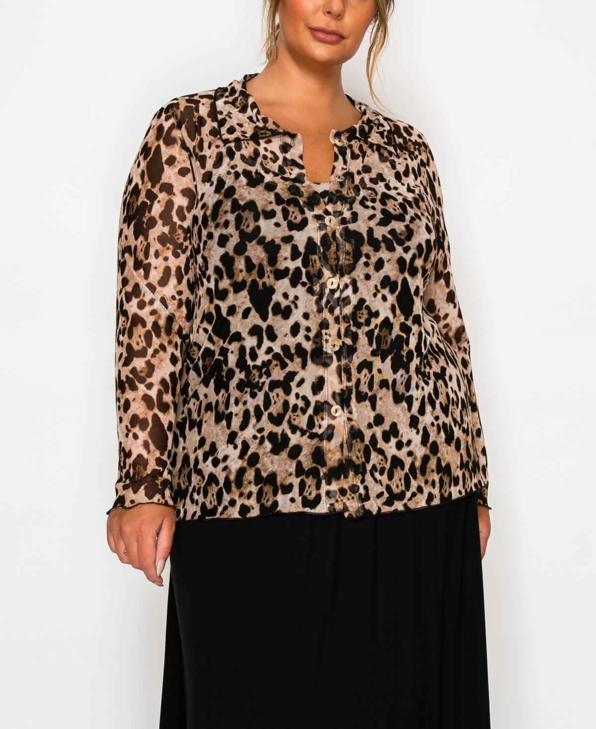 Coin 1804 Plus Size Leopard Mesh Button Front Long Sleeve Top In Brown