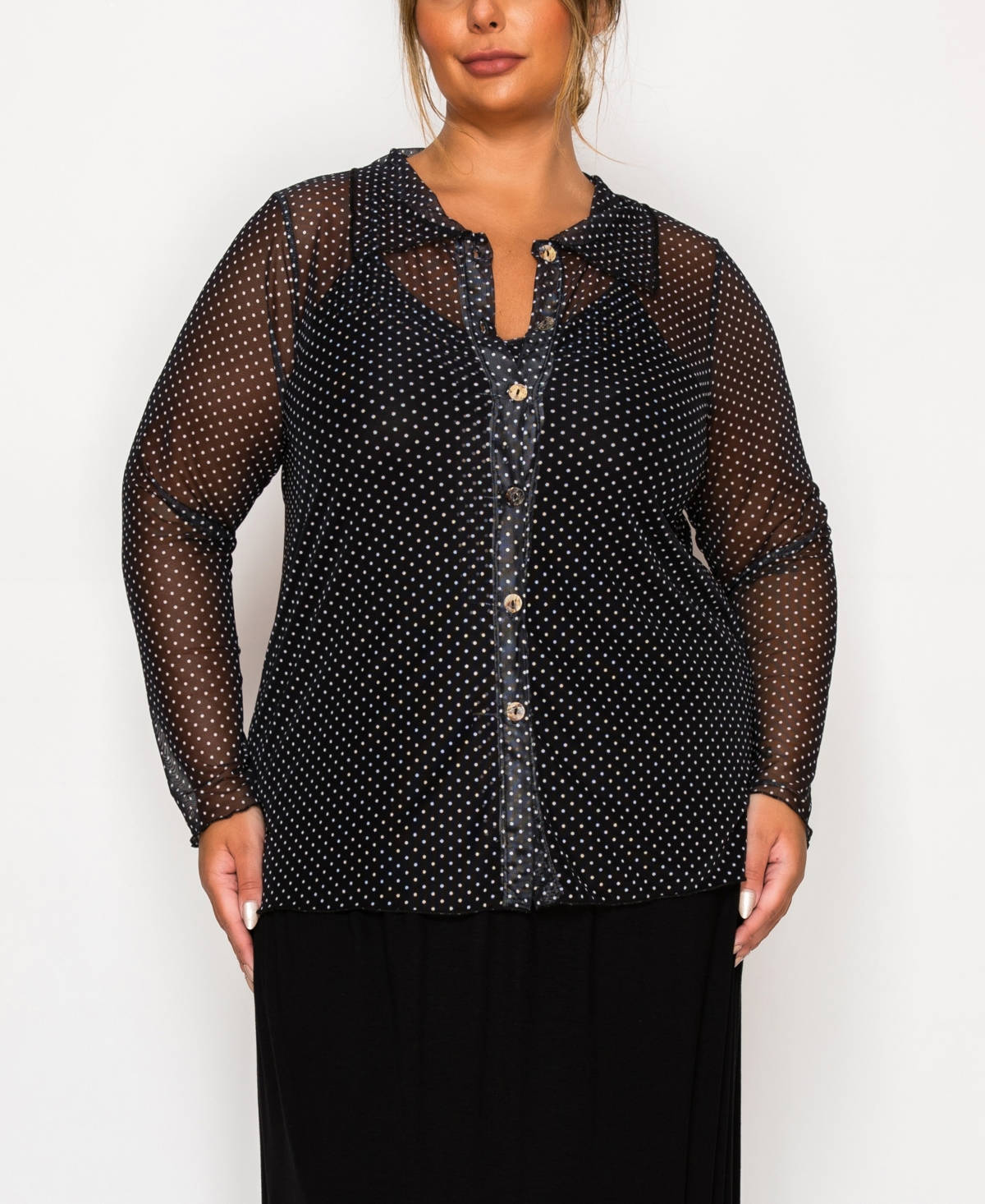 Coin 1804 Plus Size Dot Mesh Button Front Long Sleeve Top In Multi