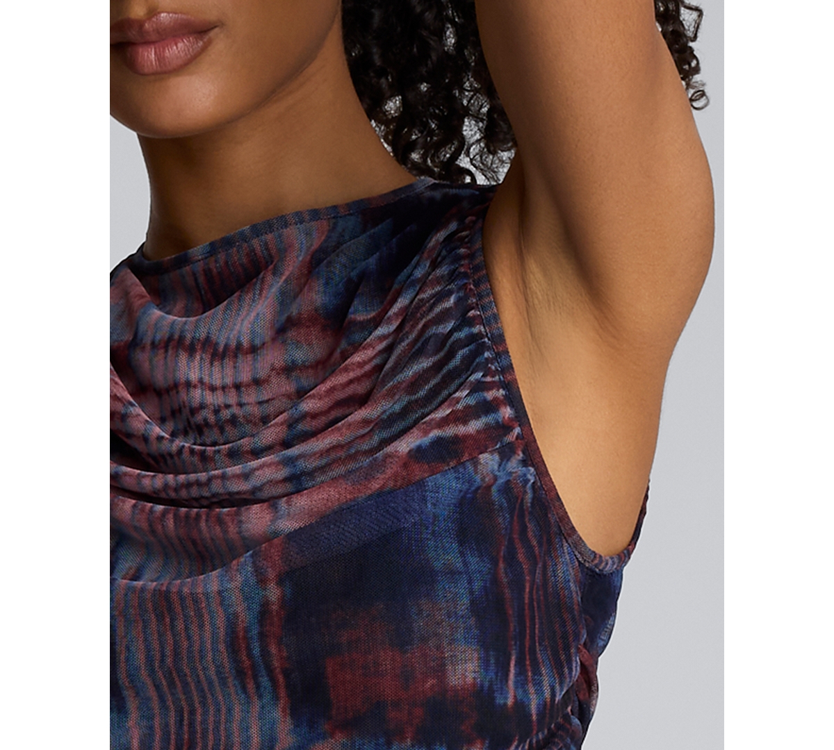 Kenneth Cole Printed Mesh Fully Ruched Modern Midi Dress In Multi
