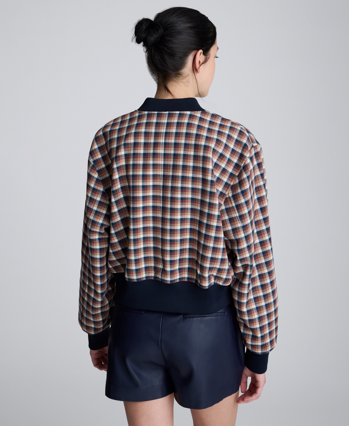 Kenneth Cole Check Patch Pocket Cropped Bomber In Brown