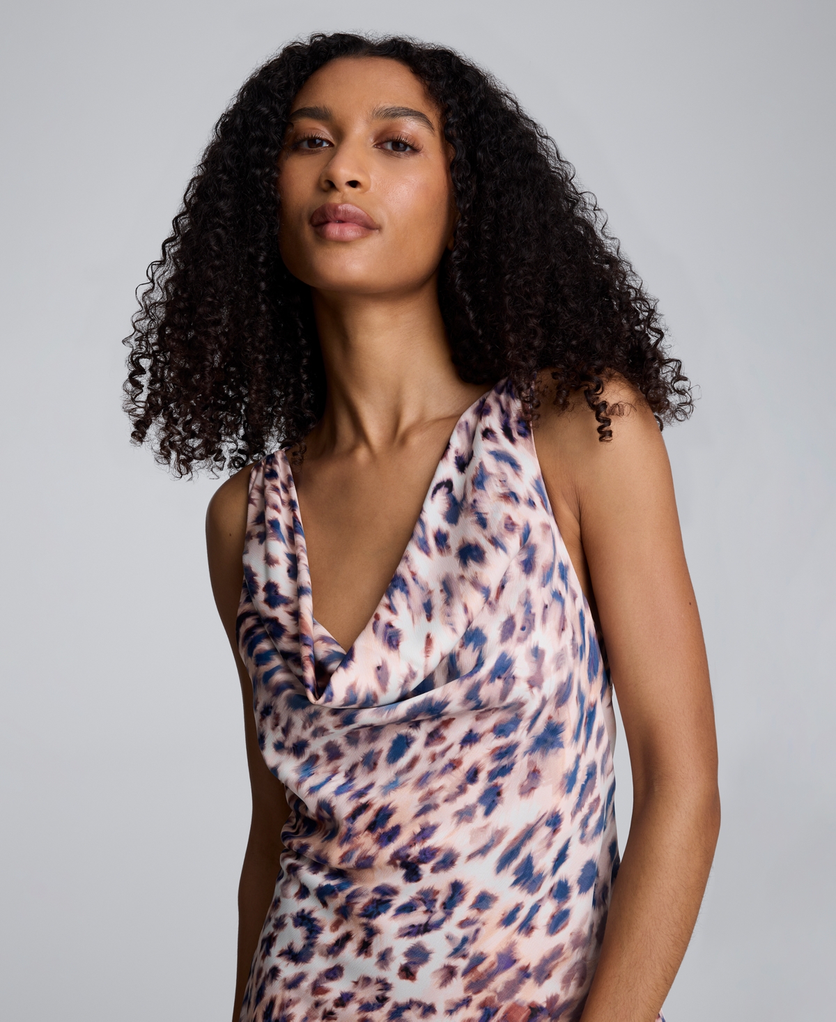 Kenneth Cole Abstract Animal Print Cowl Neck Asymmetric Dress In Pink