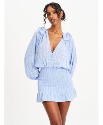 Women Zahari Blue Smock Bottom Balloon Sleeve Mini Dress