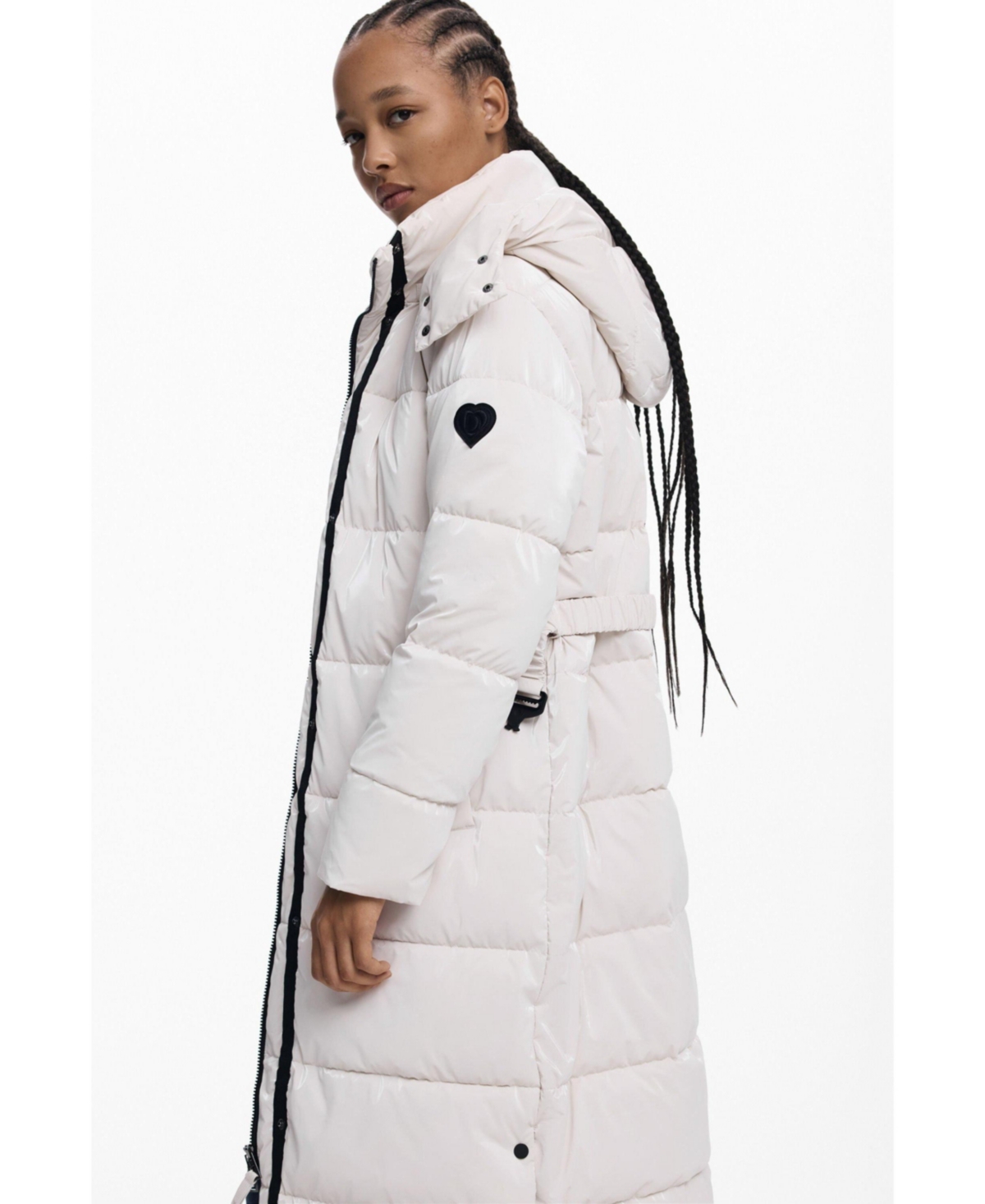 Desigual Quilted Puffer Longline Coat With Removable Hood In White
