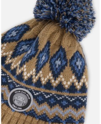 Boy Lined Peruvian Knit Pompom Hat Taupe and Navy - Toddler|Child