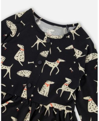 Toddler Girls Half Button Jersey Dress Black Dalmatian Print - Toddler|Child