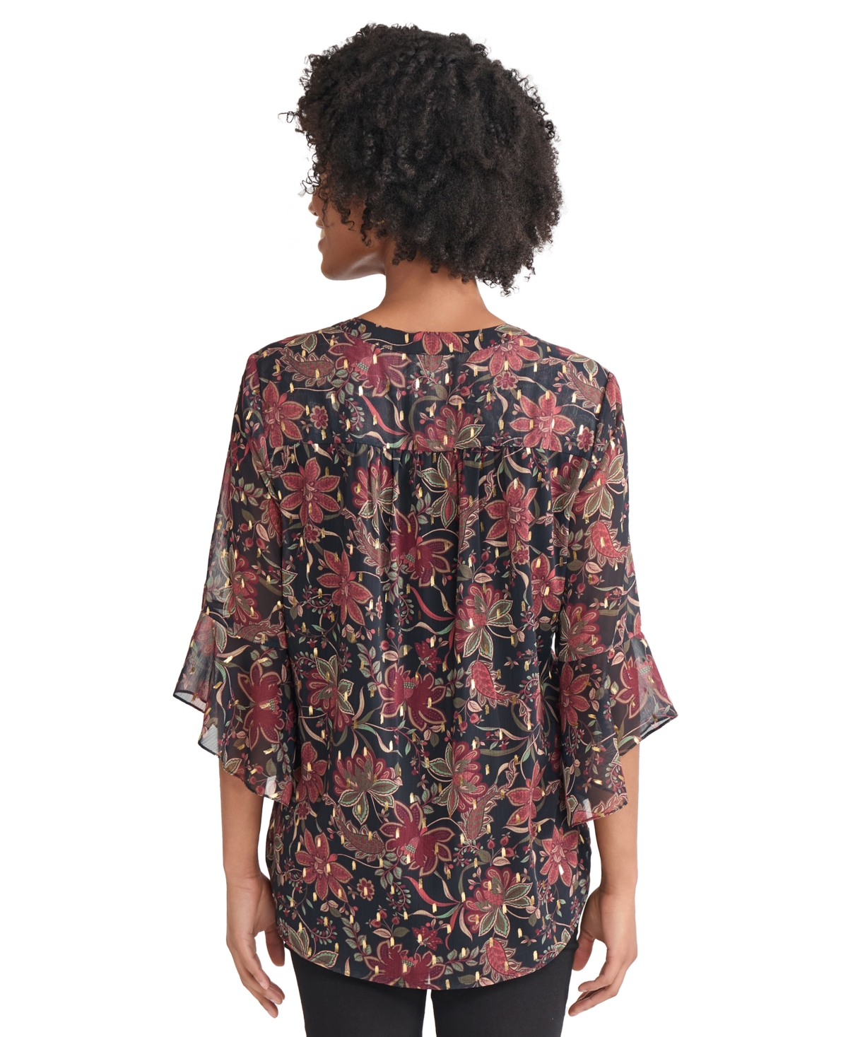 Jones New York Floral Flutter Sleeve Top In Black