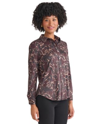 Women's Printed Long Sleeve Button Front Top